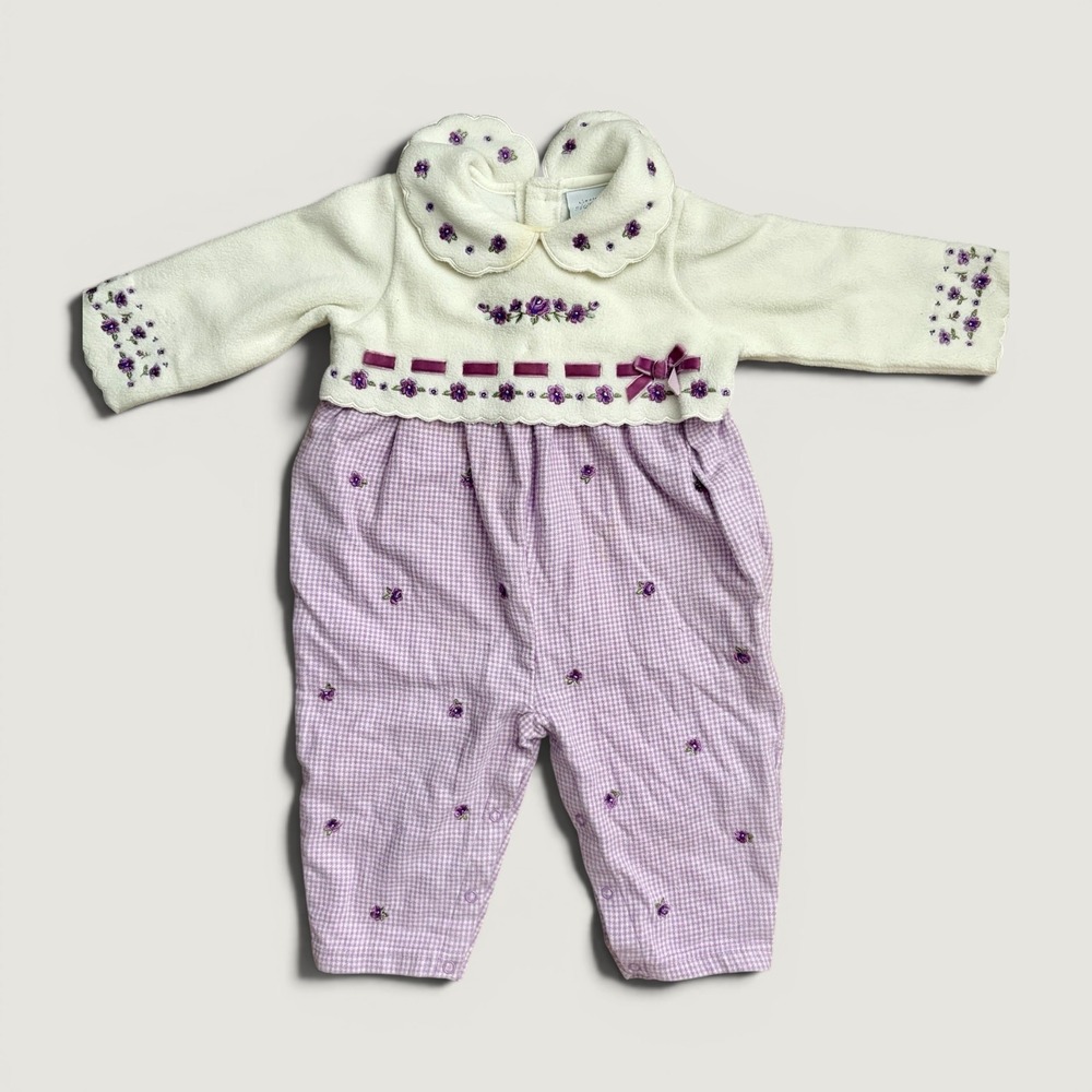 Vintage Little Me Girls Romper 12M Purple White Floral Embroidered Fleece Snap